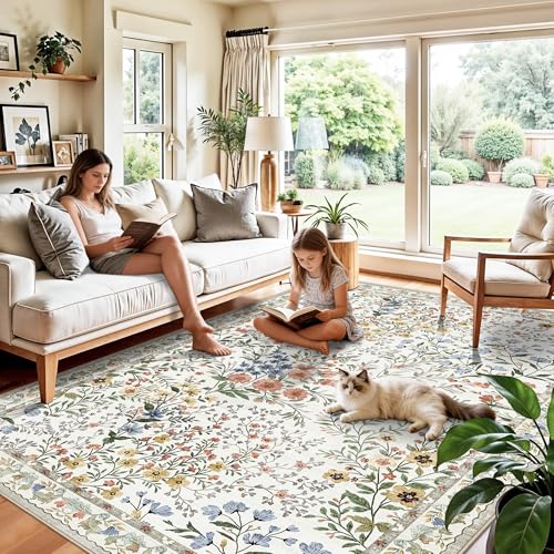 YOUFORTONG 6x9 Area Rug Dining Room: Washable Mat for Living Room Bedroom Office High Traffic Area - Soft Non Slip Indoor Carpet for Vintage Farmhouse Home Decor (6x9, Beige) - color: Beige, size: 6x9