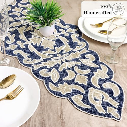 Beaded Table Runner, Blue Silver, 36x13 | Glass beads on polyester satin backing, 36x13 in, non-slip, weddings, holidays, dining & console tables - color: Navy/Silver, size: 36"x13"