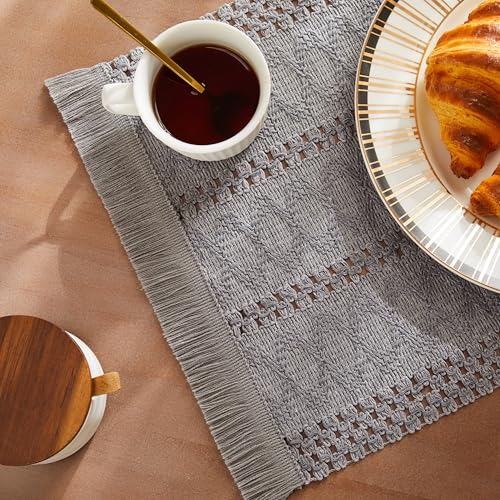 Macrame Style Boho Placemats Set of 4, Grey 12x20 Inch | Decorative Farmhouse Table Mats, Natural Cotton Woven Place Mats, Bohemian Home Decor for Kitchen Dining Table - color: Gray, size: Set of 4