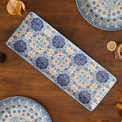 Bico Blue Talavera Ceramic 14 inch Rectangular Serving Platter, Set of 2, for Serving Salad, Pasta, Cheese, Ham, Appetizer, Microwave & Dishwasher Safe - style: Blue Talavera