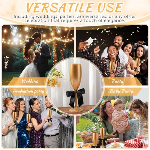 Zopeal Plastic Reusable Champagne Flute Glasses 6 oz and 50 Pcs Bow Set Acrylic Wedding Toasting Goblet 3.5" Bow Unbreakable Wine Cup for Bachelorette Bridal Shower Party(Gold and Black) - color: Gold and Black