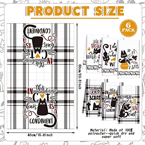 Redbaker 6 Pcs Black Cat Theme Kitchen Towels Funny Dish Towel | Black White Kitchen Hand Tea Dishcloth with Hanging Loop for Cat Lover Bathroom Home Housewarming Gift - style: Black Cat
