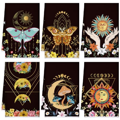 Boyiee 6Pcs Witchy Kitchen Towels for Boho Farmhouse Decor | Absorbent Tea Towels with Mushroom Sun Moon Star Butterfly Designs, for Bathroom & Gothic Gifts - color: Moon