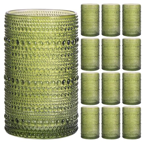 Moretoes12 Pack 12 Oz Green Hobnail Drinking Glasses Set,Water Glass Cups | Highball Glasses Embossed Boho Kitchen Bar Tumbler Glassware Set for Whiskey, Beer, Juice, Milk and Various Mixed Drinks - color: Green, size: 12pcs