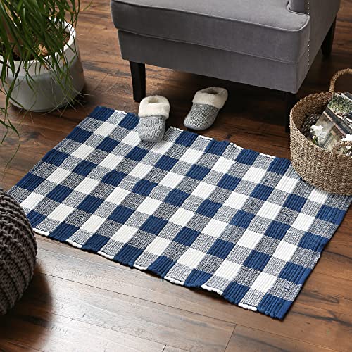 DII Buffalo Check Rug Collection, Hand Dyed Reversible Chindi Rug, 26x40, Navy/Cream - color: Navy/Cream, size: 2'2" x 3'4" (Rectangular)