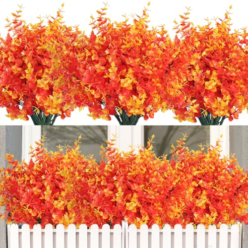 RECUTMS Artificial Faux Fall Mums Plants Fake Outdoor Flowers,Autumn Decor | 8Packs Faux Gold Eucalyptus Spring Greenery UV Resistant Shrubs Fake Plastic Plants for Hanging Planter Window Box Home Decor - color: Gold Eucalyptus, size: 12 Pcs