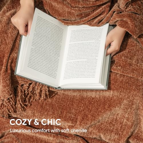 RECYCO Throw Blanket Soft Cozy Chenille Throw Blanket with Fringe Tassel for Couch Sofa Chair Bed Living Room Gift (Rust, 50" x 60") | Super Soft Knit Throw Blanket with Fringe Tassels, Lightweight Knitted Throw, Cozy, Ideal for Sofa Chair Bed Living Room