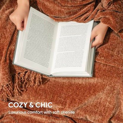 RECYCO Throw Blanket Soft Cozy Chenille Throw Blanket with Fringe Tassel for Couch Sofa Chair Bed Living Room Gift (Rust, 50" x 60") | Super Soft Knit Throw Blanket with Fringe Tassels, Lightweight Knitted Throw, Cozy, Ideal for Sofa Chair Bed Living Room