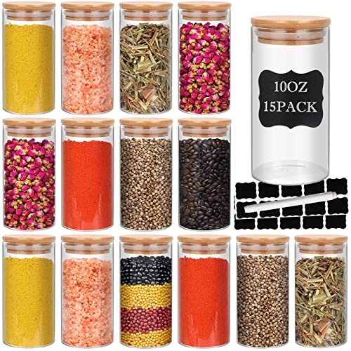 DHSBTLS 15 Pack 10 oz Glass Jars With Bamboo Lids for Kitchen, Pantry | 300 ml Pantry Organization Jar, Glass Terrarium with Lid, Spice, Flour and Sugar Container, Canister Set for Kitchen Counter - size: 10 fl oz (15 pcs)
