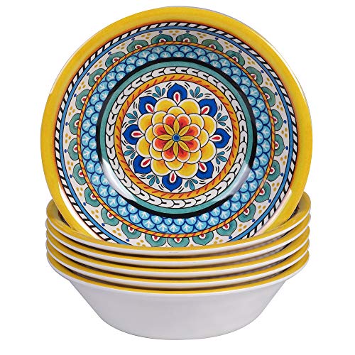 Portofino 7.5" Melamine All Purpose Bowls – Set of 6, Vibrant Mediterranean Floral Design, Lightweight & Break-Resistant, Dishwasher Safe, Good for Pasta, Soup, Salads & Outdoor Dining - size: 7.5 inches
