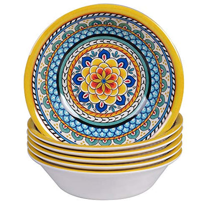 Portofino 7.5" Melamine All Purpose Bowls – Set of 6, Vibrant Mediterranean Floral Design, Lightweight & Break-Resistant, Dishwasher Safe, Good for Pasta, Soup, Salads & Outdoor Dining - size: 7.5 inches