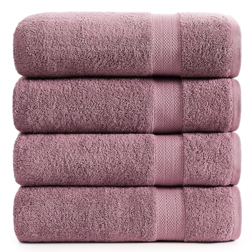 LANE LINEN Bath Towel Set Quick Dry 100% Cotton 4 Piece - Wishful Mauve | Cotton Towels - Classic Terry Weave, Densely Woven, Coordinated Colors, Dobby Border Accent, OEKO-TEX Certified - color: 09: Wistful Mauve, size: 4 Piece Bath Towels