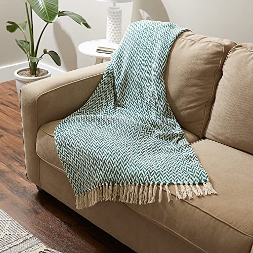 DII Modern Zig Zag Throw Blanket Woven Cotton, Hand-Knotted 2.5" Fringe, 50x60, Teal - color: Teal, size: 50x60"