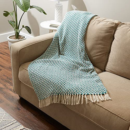 DII Modern Zig Zag Throw Blanket Woven Cotton, Hand-Knotted 2.5" Fringe, 50x60, Teal - color: Teal, size: 50x60"