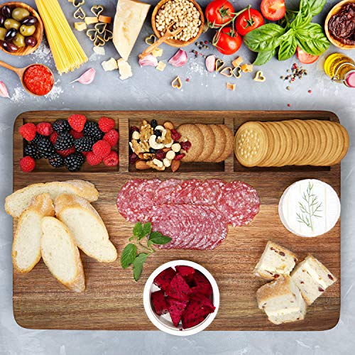 Large Acacia Wood Cutting Board for Kitchen 17x12x1.5 with 3 Compartments, Handles & Juice Groove, Non-Slip Mats, Thick Heavy Duty Butcher Block Charcuterie Board (Gift Box Included) - size: 17"L x 12"W