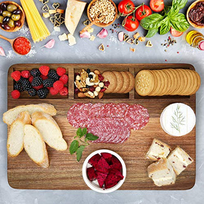 Large Acacia Wood Cutting Board for Kitchen 17x12x1.5 with 3 Compartments, Handles & Juice Groove, Non-Slip Mats, Thick Heavy Duty Butcher Block Charcuterie Board (Gift Box Included) - size: 17"L x 12"W