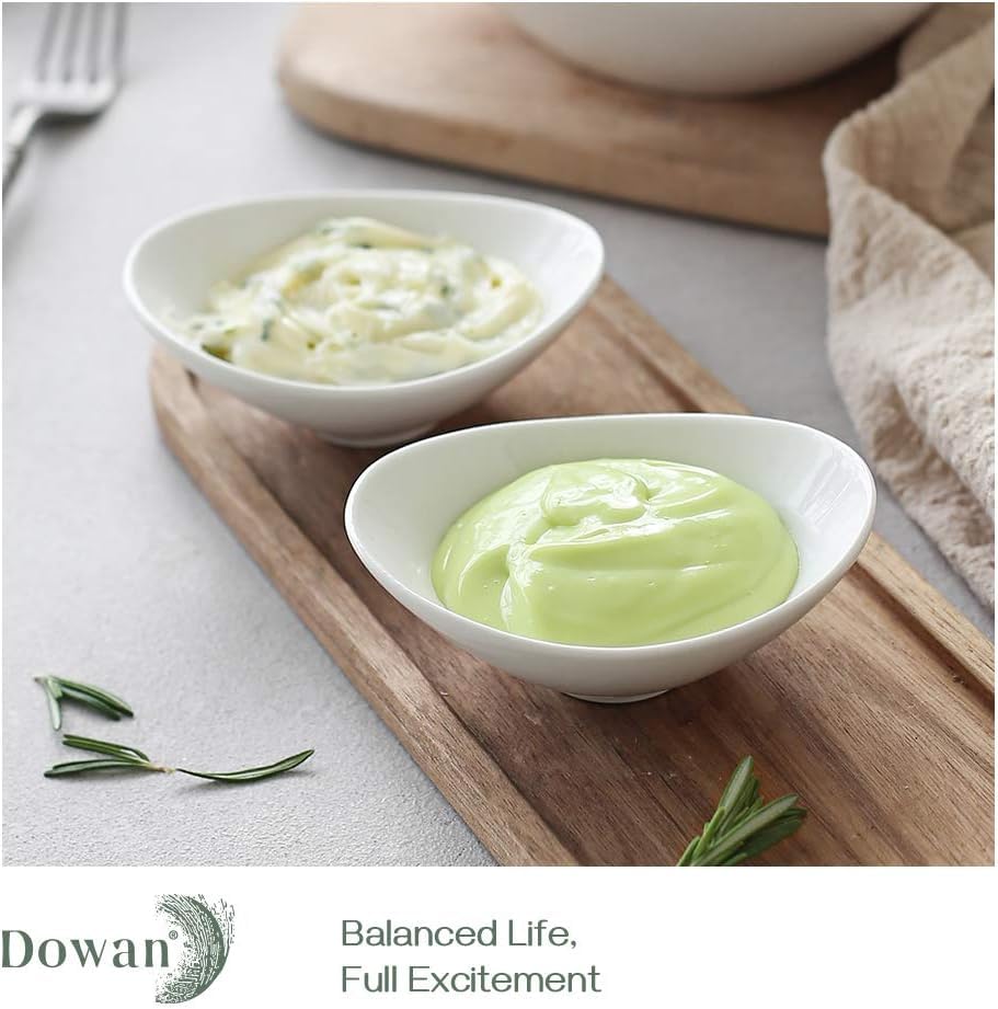 DOWAN Ceramic Dip Bowls, 3 oz 8 Pack Dipping Bowl, Mini Serving Bowls for Side Dishes, Sushi Soy Sauce Dish, Gravy Boat Porcelain Dipping Sauce Cups for BBQ and Party Dinner, Soft White