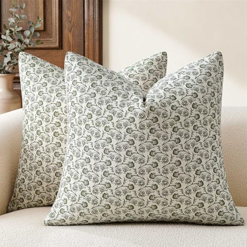 Ditsy Floral Throw Pillow Covers Set of 2, 16x16 Inch Light Olive | 100% Organic Cotton, Soft Breathable, Farmhouse Cottage Block Print Cushion Covers, Handcrafted for Sofa Couch Living Bedroom - color: Light Olive, size: 16" x 16" (Pack of 2)