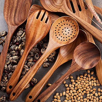 Wooden Kitchen Utensils Set,GUDAMAYE 9 PCE Natural Teak Wooden Spoons For Non-stick Pan for Cooking, - size: 9 PCS