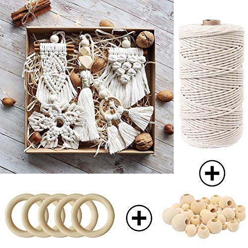 152pcs Macrame Kit for Beginners: Natural Cotton Macrame Cord, Wooden & Metal Rings, Beads, Sticks & Hoops - Perfect for Macrame Plant Hangers & Home Decor - size: 3mm x 220yards set-152pcs
