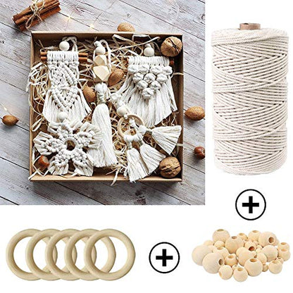 87pcs Macrame Kits for Beginners 3mm x 220yards Natural Cotton Macrame Cord Wall Hanging Kit, Macrame Supplies Best for Macrame Plant Hanger with Wooden Beads,Wooden Rings - size: 3mm x 220yards set-87pcs