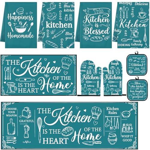 10 Pcs Kitchen Decor and Accessories Set, Farmhouse Retro | Baking Teal 4 Dish Towels Kitchen Rugs 2 Oven Mitts 2 Pot Holders, Home Decor for Cooking Baking BBQ Housewarming - color: Teal