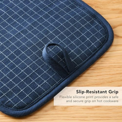 KITCHENAID Gourmet Series Gridlines Pot Holders 2-Pack Set, Heat Resistant up to 600°F, Soft Silicone Grip, Magnetic Cuff, Ink Blue, 8"x8" - color: Ink Blue