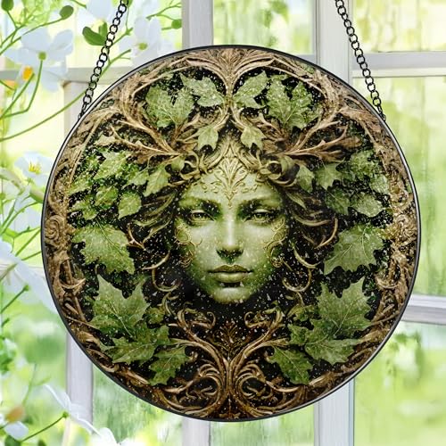 Green Man Stained Glass Suncatcher, Stained Glass Window Hanging, 8 Inch Window Decor Hanging, Gift for Garden Lovers, Mothers Day Birthday Gifts for Mom Grandma Women Sister Wife Lady Lover - color: Green Woman