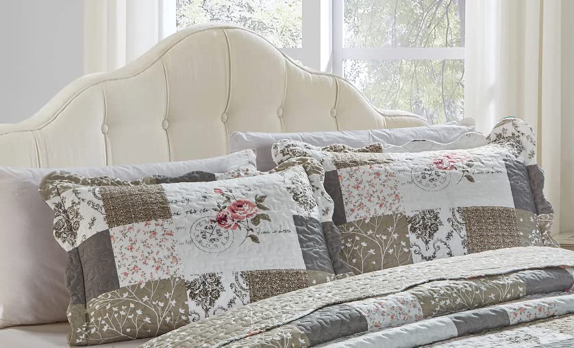 Brilliant Sunshine Pink Roses & Grey Toile Pillowshams Set, 20"x26"+2" | Patchwork Design, Quilted Standard Pillowcases, Washable Scallop Edge Pillow Covers, Pack of 2 - color: Rose Grey, size: 20 x 26 inches