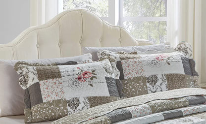 Brilliant Sunshine Pink Roses & Grey Toile Pillowshams Set, 20"x26"+2" | Patchwork Design, Quilted Standard Pillowcases, Washable Scallop Edge Pillow Covers, Pack of 2 - color: Rose Grey, size: 20 x 26 inches