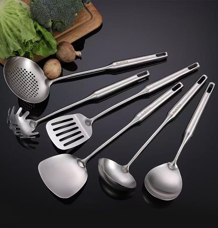 Premium 7-Piece Gold Kitchen Utensil Set with Stand, Stainless Steel Cooking Tools- Dishwasher Safe Ladle, Spoon, Spatula, Pasta Fork, Luxury Brass Kitchen Accessories for Home Chefs (silvery) - color: Silver