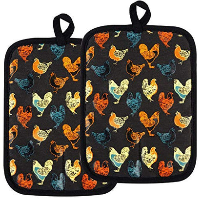 Pot Holders Set of 2,Non Slip Clear Silicone Printed Potholdes | Resistant 480 ℉,Comfortable Cotton Lining Kitchen Women Men Cooking Baking Microwave (Rooster, Black Potholders) - color: Rooster, Black Potholders