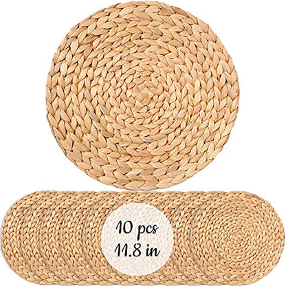 Woven Placemats Set of 10, Table Mats Set of 10, Water Hyacinth Round Placemats for Round Table, Chargers for Dinner Plates, Wicker Chargers for Dinner Plates, Woven Placemat, Place Mats 11.8 in - size: Placemats 11.8in Set 10