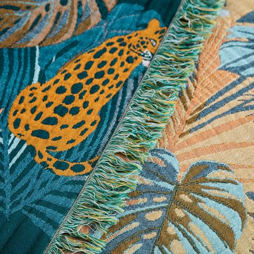 100% Cotton Muslin Throw Blanket 60''x80'', Soft Breathable Lightweight, All-Season Reversible Bohemian Tropical Safari Leopard Animal Print Bedspread Coverlet, Fringed Teal Jungle Bed Throw - color: Orange Leopards, size: 60"x80"