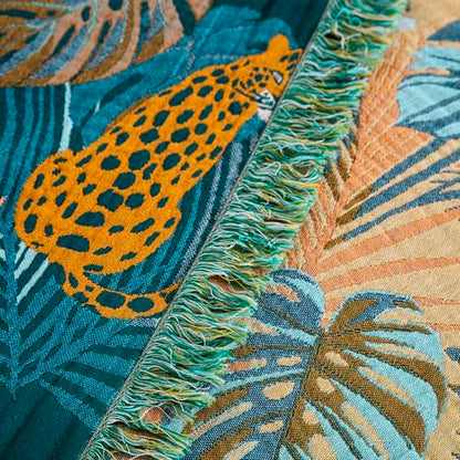 100% Cotton Muslin Throw Blanket 60''x80'', Soft Breathable Lightweight, All-Season Reversible Bohemian Tropical Safari Leopard Animal Print Bedspread Coverlet, Fringed Teal Jungle Bed Throw - color: Orange Leopards, size: 60"x80"