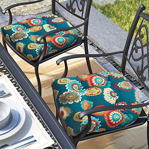 Magpie Fabrics Outdoor/Indoor Tufted Seat Cushion with Ties Set of 2, 19"x19" Waterproof Patio Chair Pads Tatami for Room Garden Balcony Office Decor(Floral Green) - color: A Floral Green