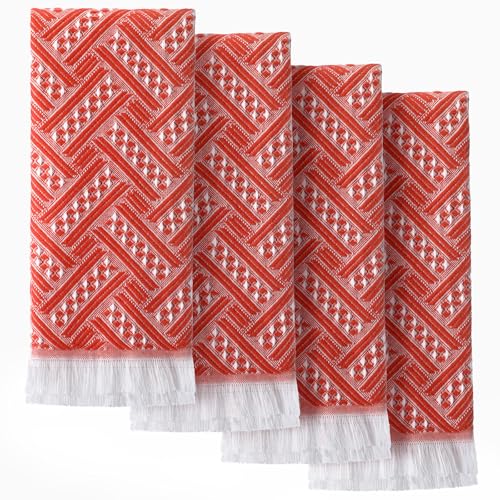 HunnmingRe 4 Pack Boho Hand Towel for Bathroom Kitchen 14x30 Inch 100% Turkish Cotton Summer Boho Decorative Towel Waffle Farmhouse Bathroom Decor Absorbent Soft Guest Gift(Red Orange,White) - color: Red,white