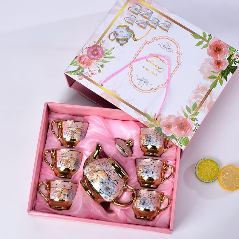 Luxury Ceramic Tea Cup and Saucer Set, 6 Pieces, Gold Plated with Floral Design, Gift Box (6 cups 1 pot, 2.2 * 2.56in) - color: 6 cups 1 pot 12 sets/case
