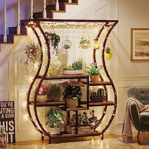 Tribesigns 6-Tier Plant Stand, 70.9 Inch Tall Plant Shelf with 10 Hanging Hooks, Vase Shape Ladder Plant Stand, Multi-Purpose Plant Display Rack for Indoor, Balcony, Living Room, Brown and Black
