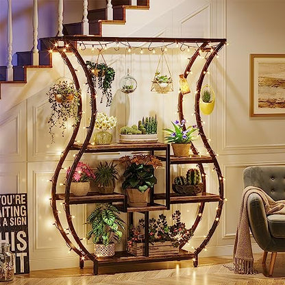 Tribesigns 6-Tier Plant Stand, 70.9 Inch Tall Plant Shelf with 10 Hanging Hooks, Vase Shape Ladder Plant Stand, Multi-Purpose Plant Display Rack for Indoor, Balcony, Living Room, Brown and Black