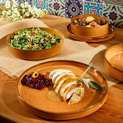 Two Time Oprah's Favorite Things Winner - Santorini Mist Double Bowl Terracotta Reactive Glaze Plates and Bowls Dinnerware Set - Amber, Service for Four (16pcs) - color: Amber