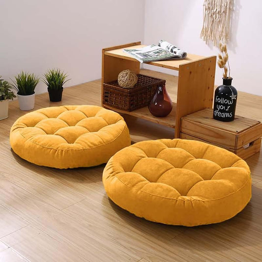 Yellow Meditation Floor Pillow Large Round Floor Cushions for Yoga | Set of 2 Tufted Corduroy Floor Seat Pillows for Adults Seat Cushion for Living Room Tatami, 22x22 Inch - color: Yellow, size: 22"Lx22"Wx5"H
