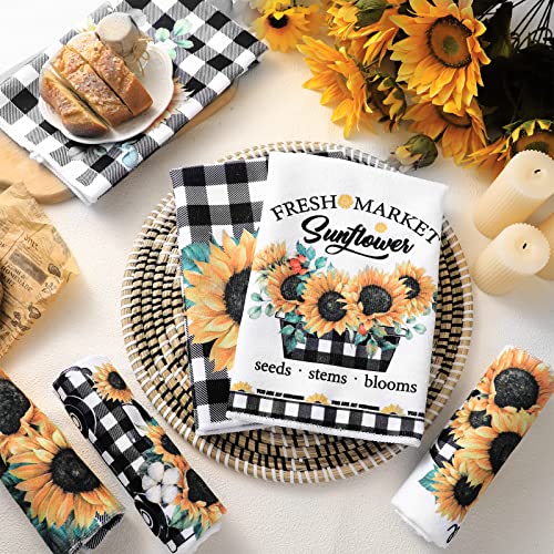 Redbaker 6 Pcs Sunflower Kitchen Towels Buffalo Plaid Dish Towels | Farmhouse Kitchen Decor Towel, Sunflower Design for Housewarming, Hand Drying, Summer Dish Cloths with Black White Plaid - style: Plaid Sunflower