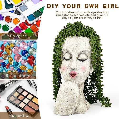 Face Head Planter Pots for Indoor Outdoor Plants Large Flower Pots Unique Succulent Planter with Drainage Hole Creative Lady Pot Resin Women Statue Vase Garden Decor- 11.4 x 8.7 x 5.5 Inch