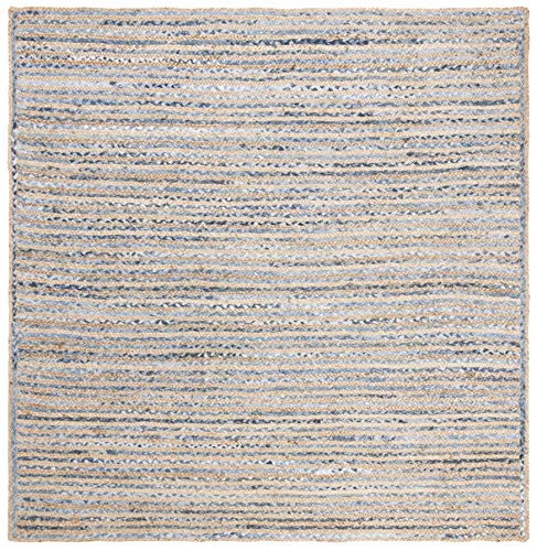 SAFAVIEH Cape Cod Collection Area Rug - 5' Square, Natural & Blue, Handmade Flat Weave Jute, Ideal for High Traffic Areas in Living Room, Bedroom (CAP250A) - size: 5' x 5' (Square)