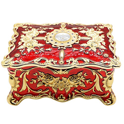 Luxury Vintage Rectangle Metal Alloy Jewelry Box Trinket Organizer Storage Box with Rose Pattern for Women, Girls, Two-Layer Design, Gold & Red, Large - color: Gold & Red