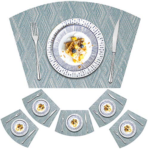 Round Table Placemats Set of 6,Woven Vinyl Wedge Placemats Heat Resistant Table Mats Wipe Clean (Light Blue) - color: Wedge:blue