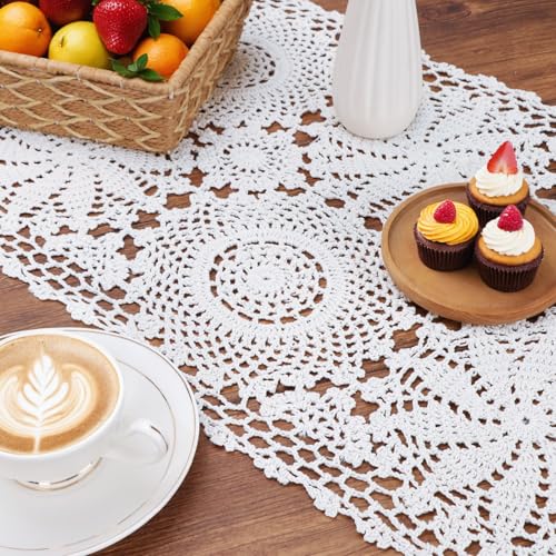 kilofly Handmade Crochet Cotton Rectangular Table Runner, 15 x 43 inch, White - color: White, size: 15 x 43 Inch