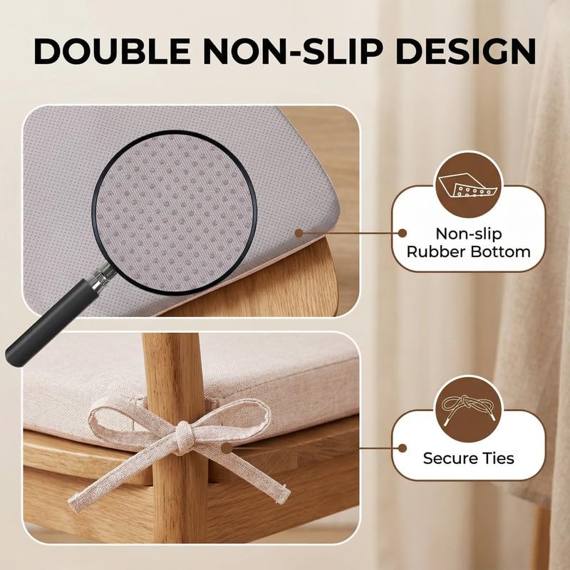 D-Shaped Chair Cushions Set of 1, Chair Pads with Ties, 17" x 16" | 2" Thick Non Slip Seat Cushion for Dining & Kitchen Chairs, 40D Foam, Removable Washable Cover, Beige - color: Beige