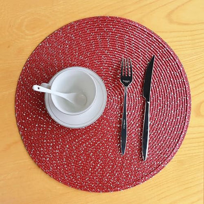 Youyi Round Placemats Set of 6, 15 inch Woven Braided Place Mats Washable Non-Slip Kitchen Table Mats for Dining, Burgundy (with Silver Accents) - size: set of 6